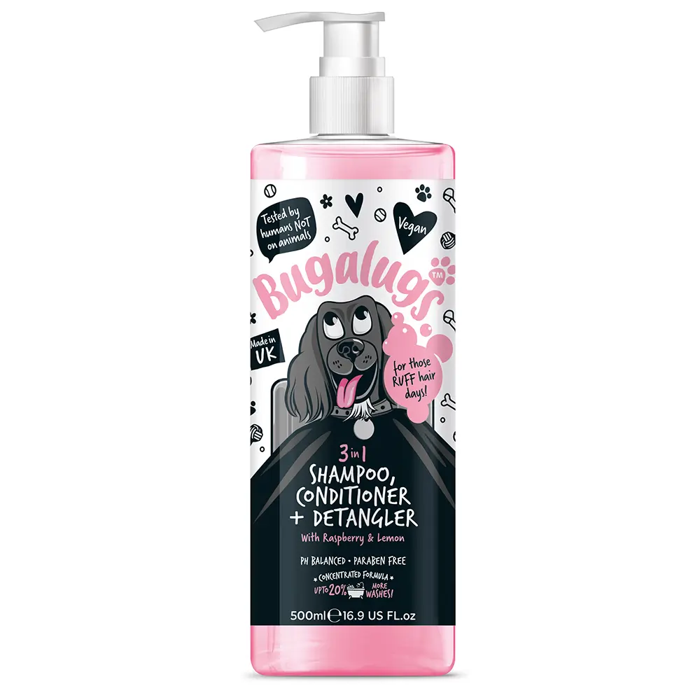 BUGALUGS 3-In-1 Raspberry & Lemon Dog Shampoo, Conditioner And Detangler (500ml)