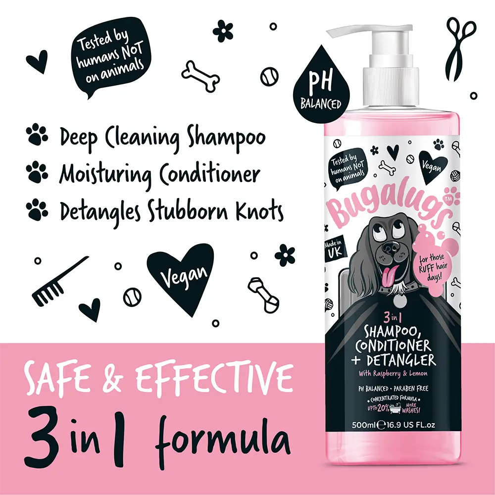 BUGALUGS 3-In-1 Raspberry & Lemon Dog Shampoo, Conditioner And Detangler (500ml)
