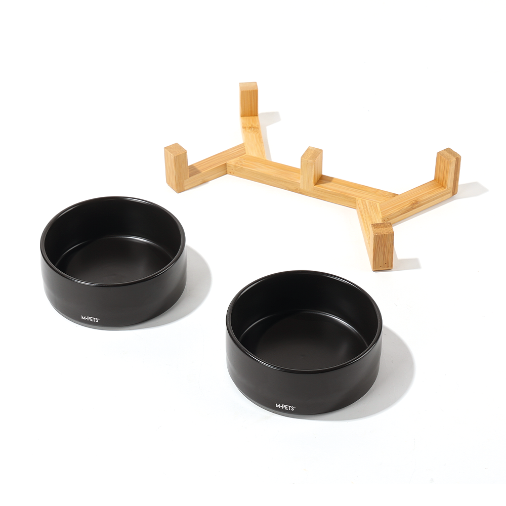 M-PETS Ceramic Bowls With Bamboo Stand (Black/White Colour)