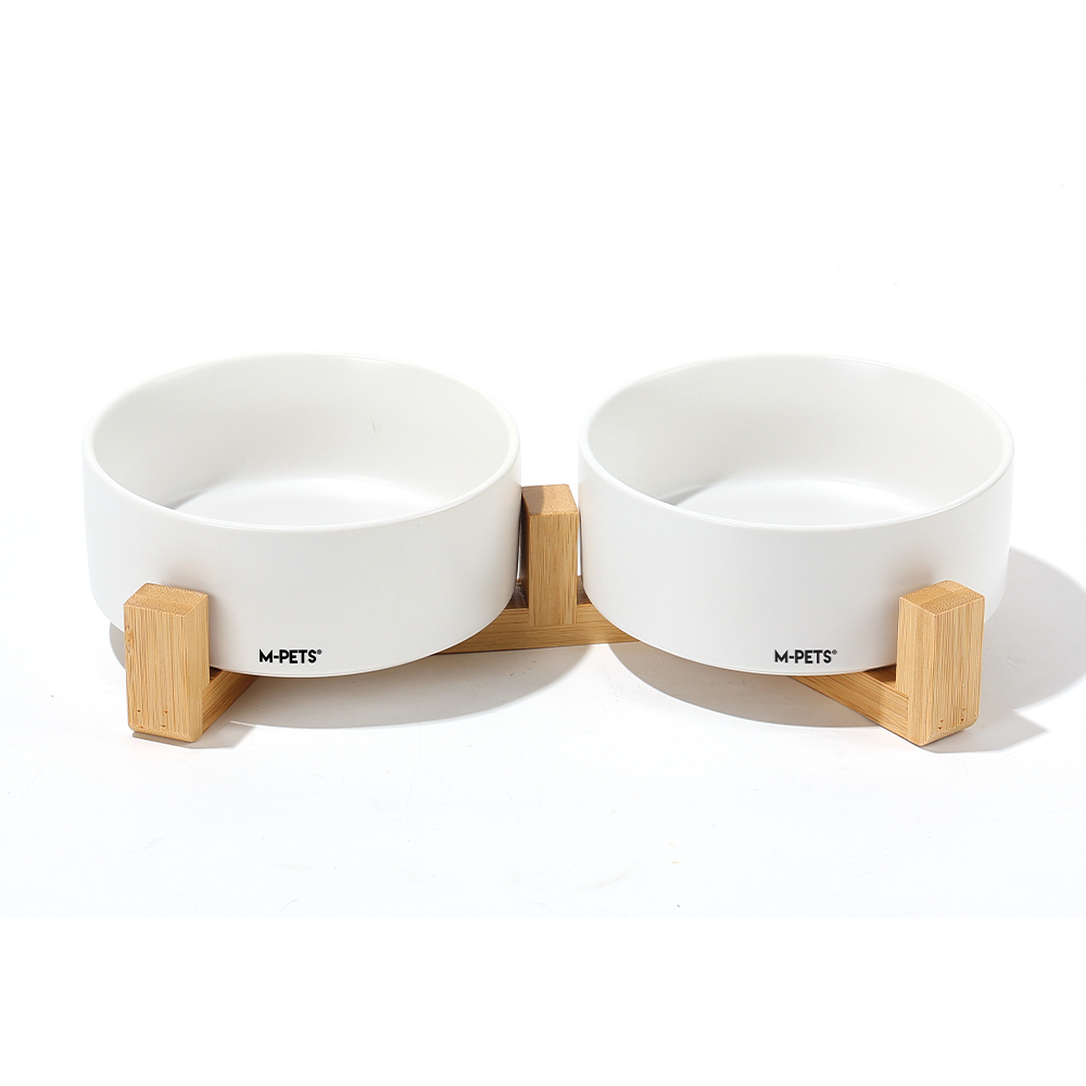 M-PETS Ceramic Bowls With Bamboo Stand (Black/White Colour)