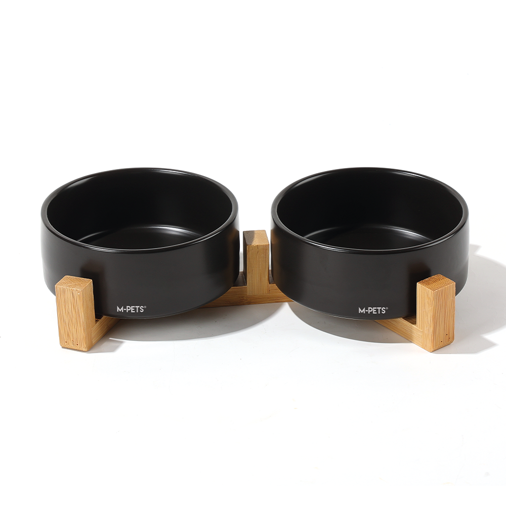 M-PETS Ceramic Bowls With Bamboo Stand (Black/White Colour)