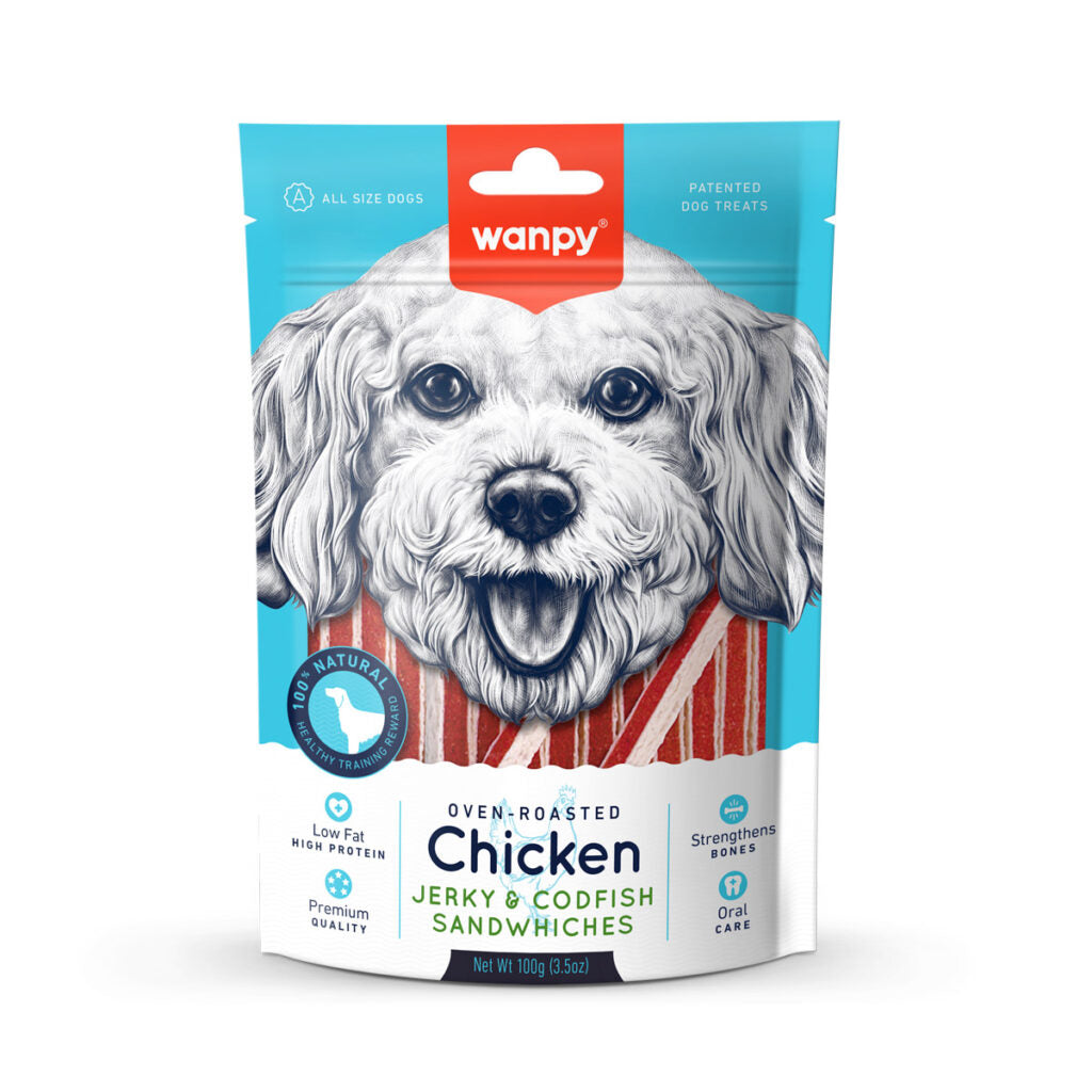 WANPY Chicken Jerky & Codfish Sandwiches Dog Treats (100gr)