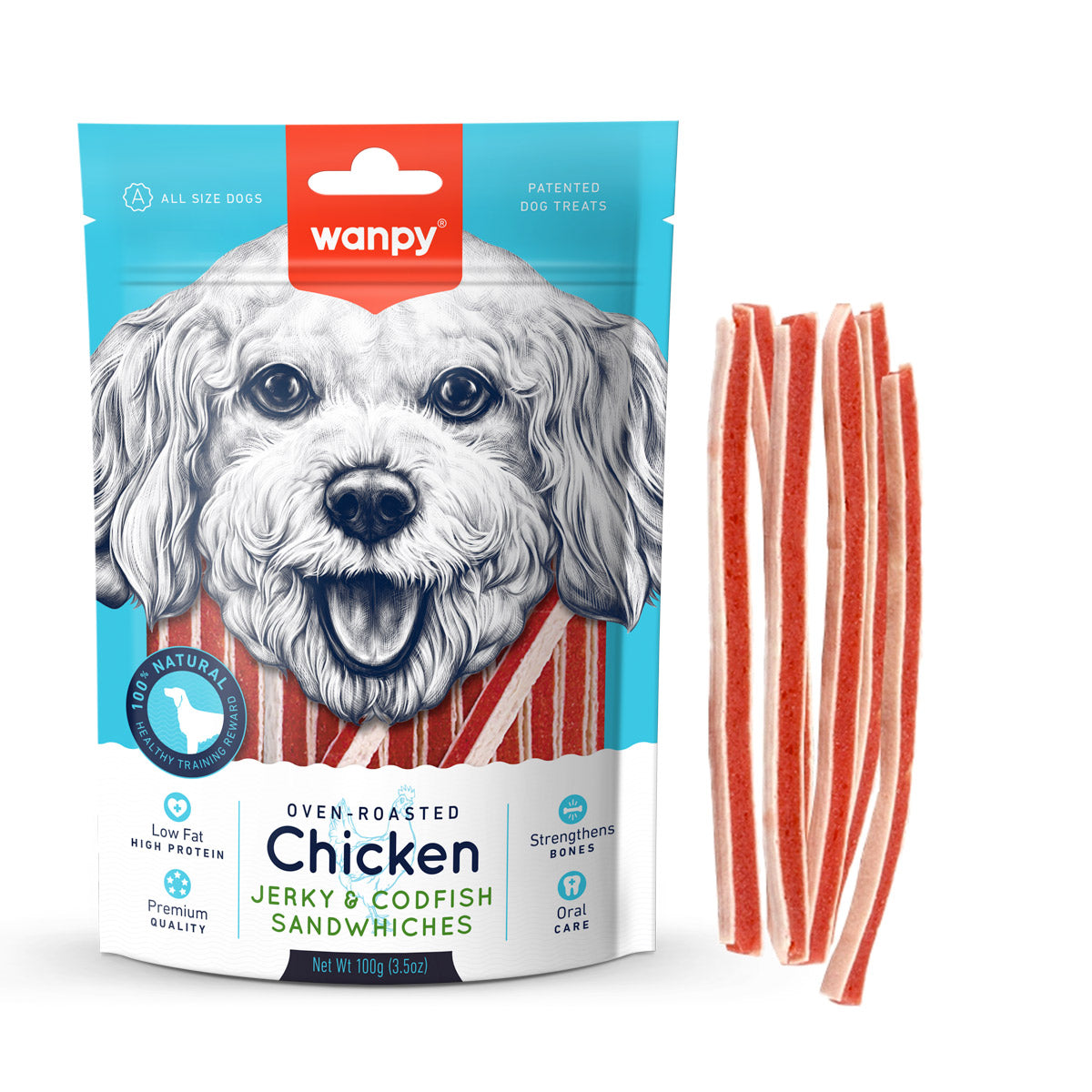 WANPY Chicken Jerky & Codfish Sandwiches Dog Treats (100gr)