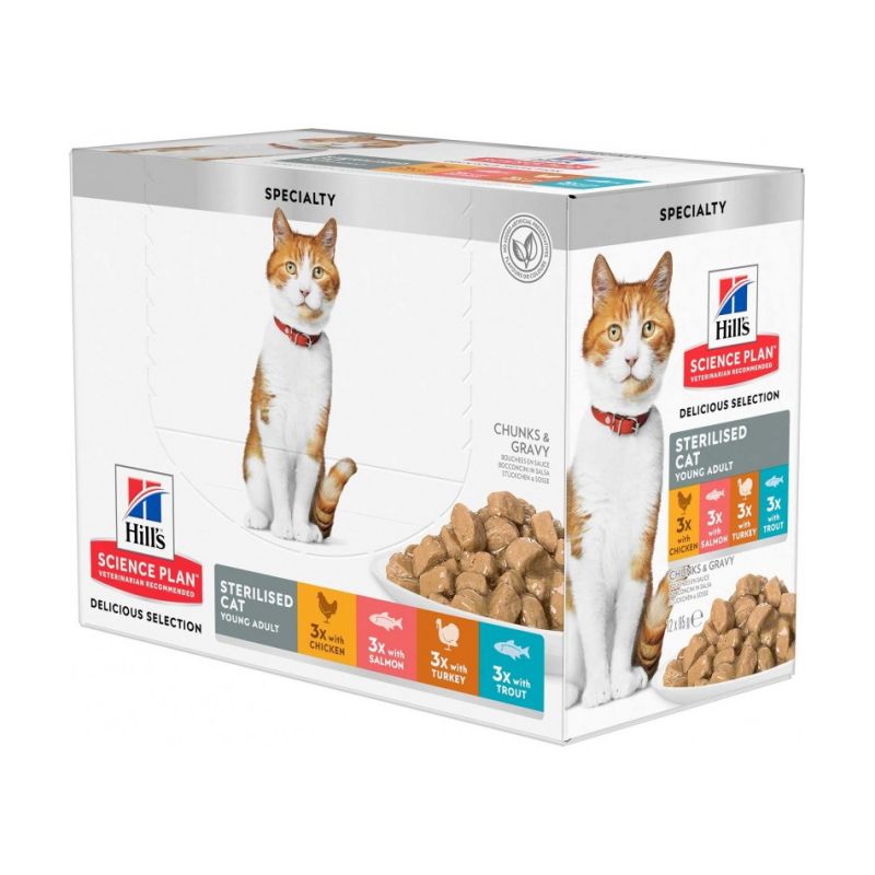 HILL'S Science Plan Sterilised Adult Cat Wet Food Multipack Chicken,Salmon,Trout & Tukey In Gravy (12x85gr Pouches)