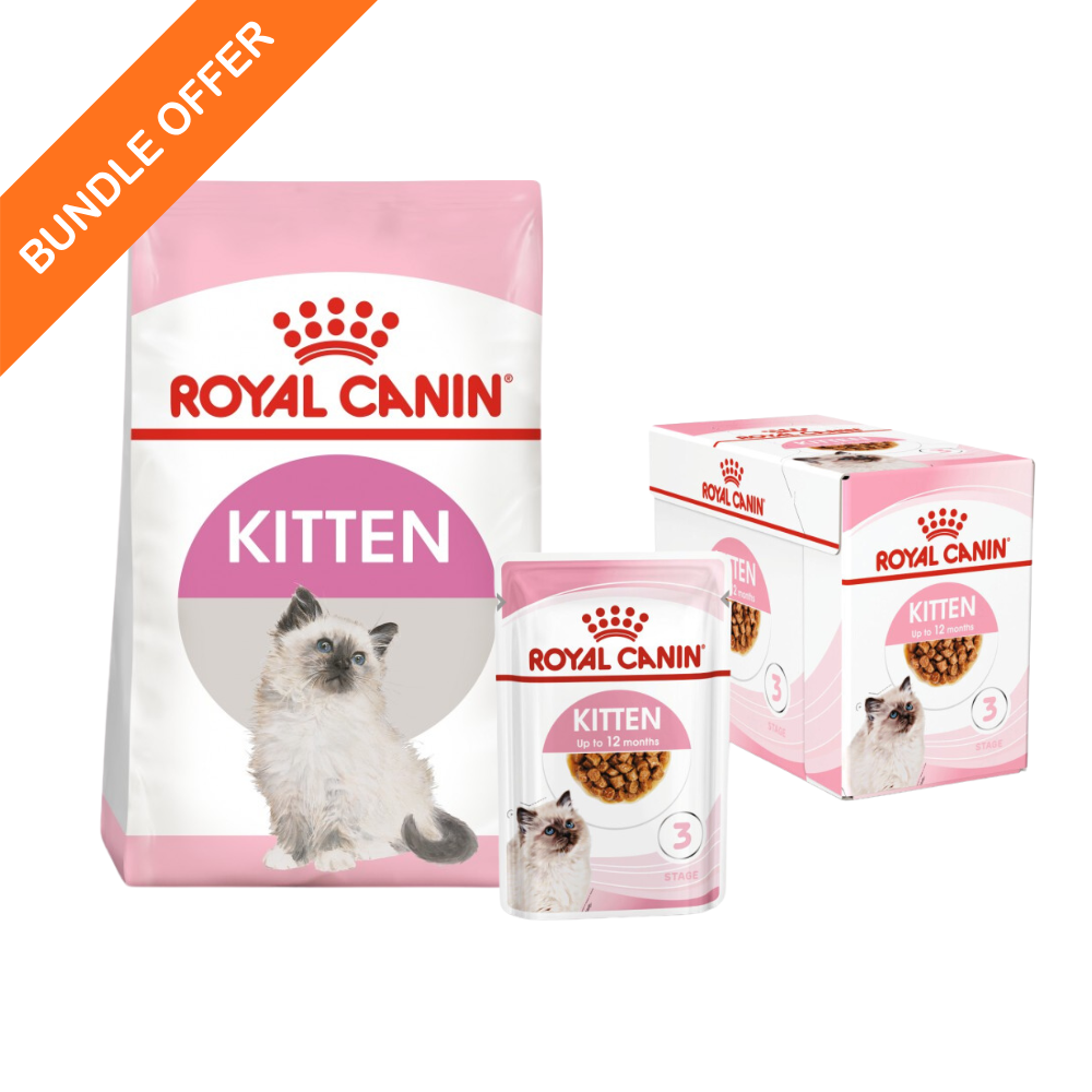 ROYAL CANIN Kitten Dry Food + Wet Food Bundle ( 2kgs Dry Food + 12 x 85 gr Pouches )